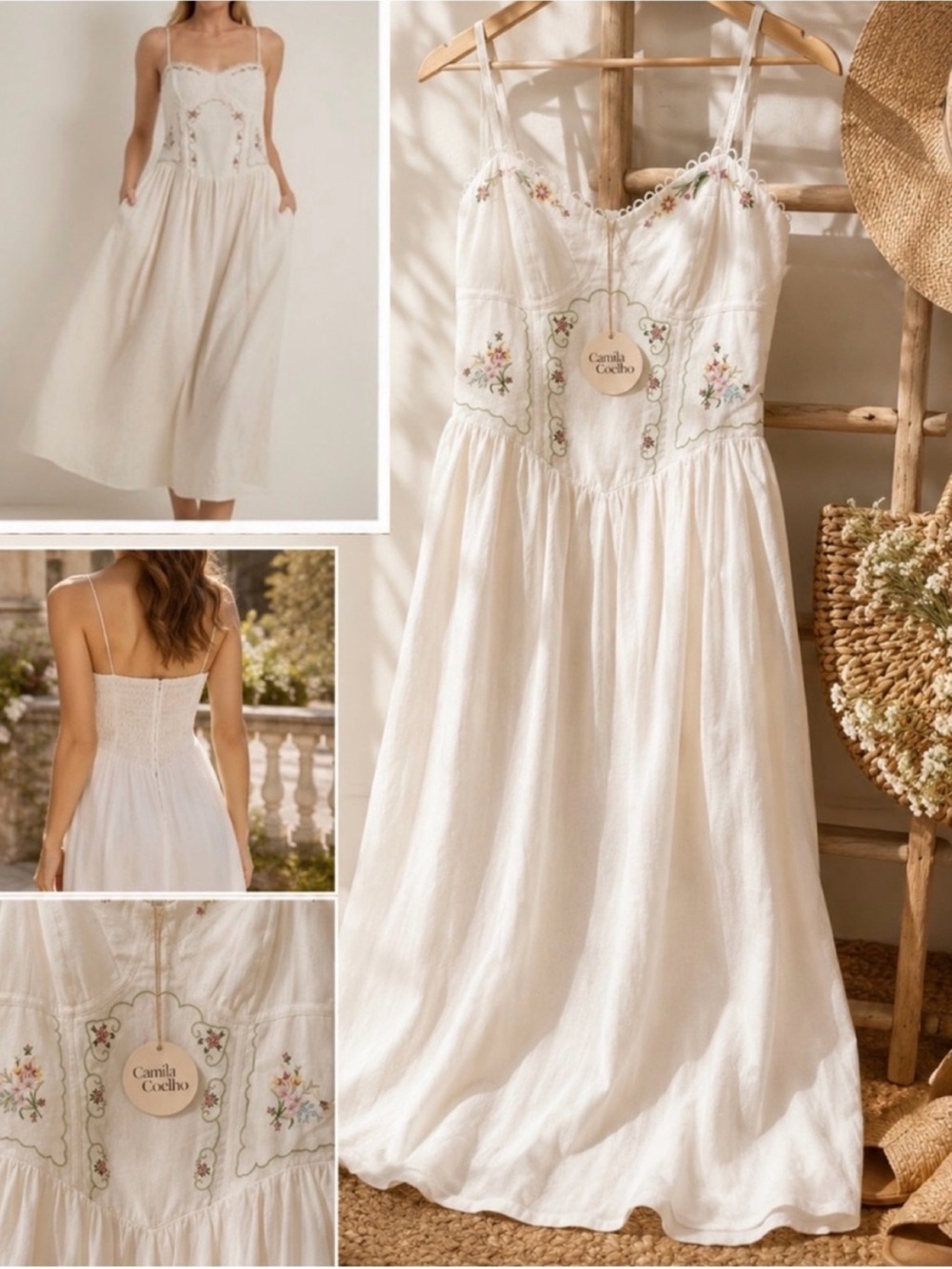 Viral Camila Coelho Cream floral Embroidered linen blend flare midi dress